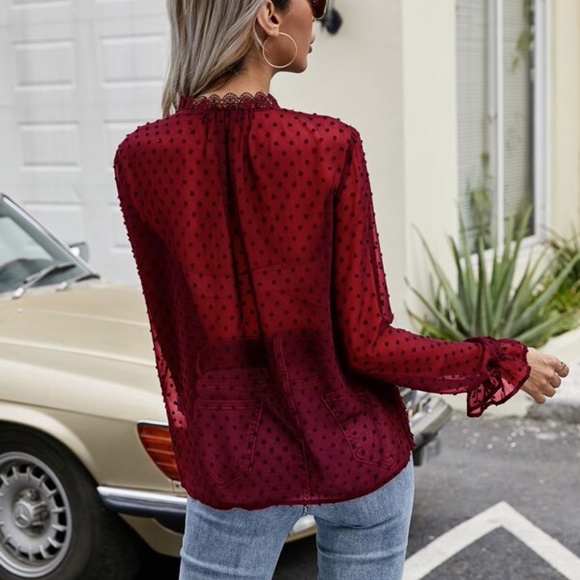 Boho Burgundy Red V neck Swiss Dot Lace Sheer Top - Picture 3 of 4